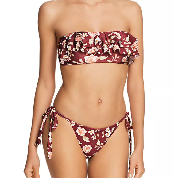 Copied - Mink Pink 2 PC Burgundy Floral Bikini Top & Bottom Set Medium NWT - Picture 1 of 4